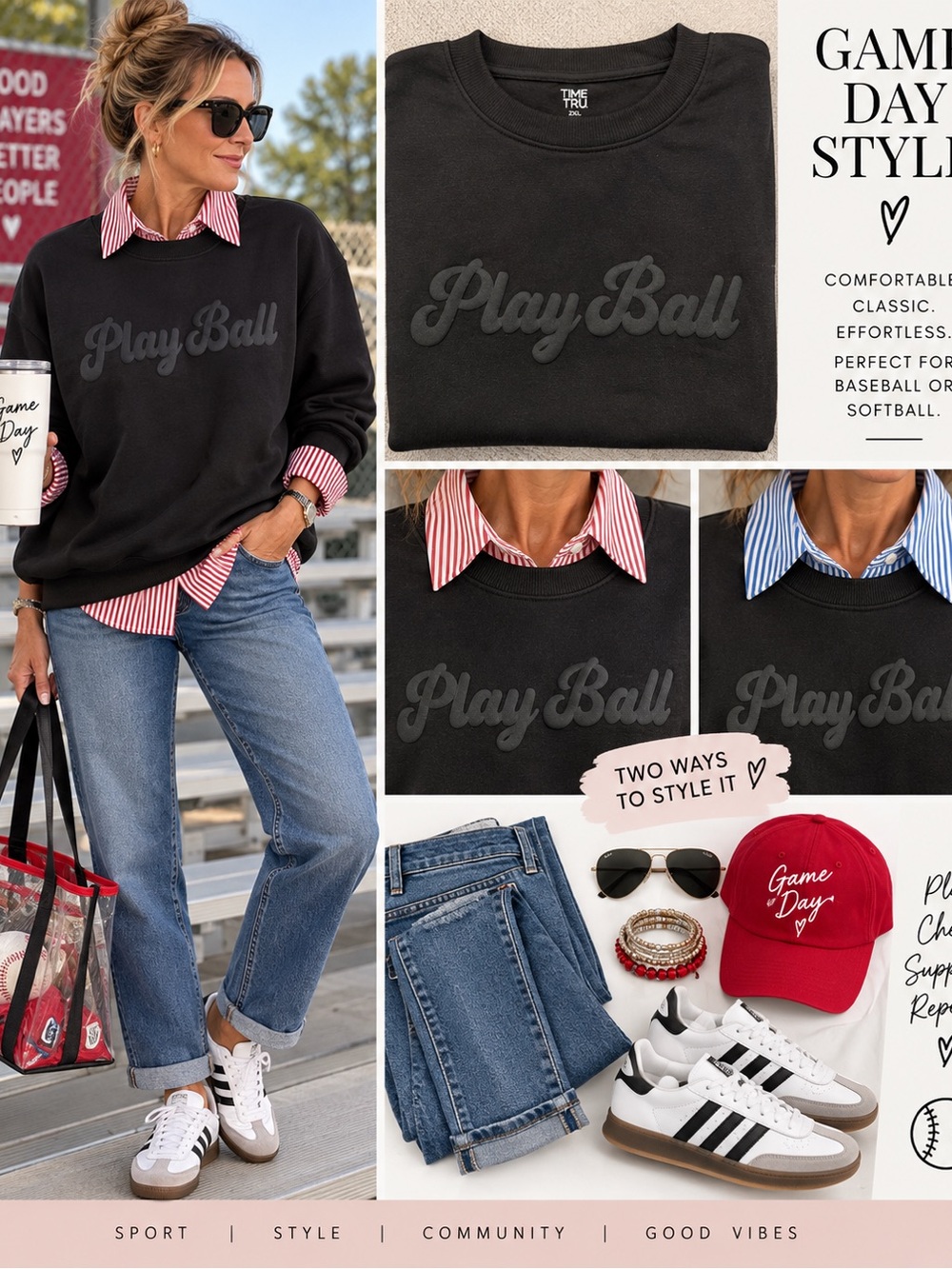 Monochromatic Black 'Play Ball' Crewneck Sweatshirt for Game Day